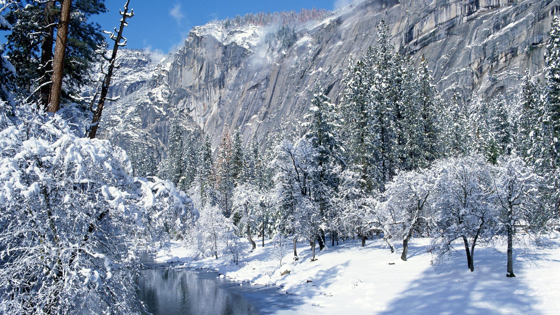Snowy mountain valley landscape