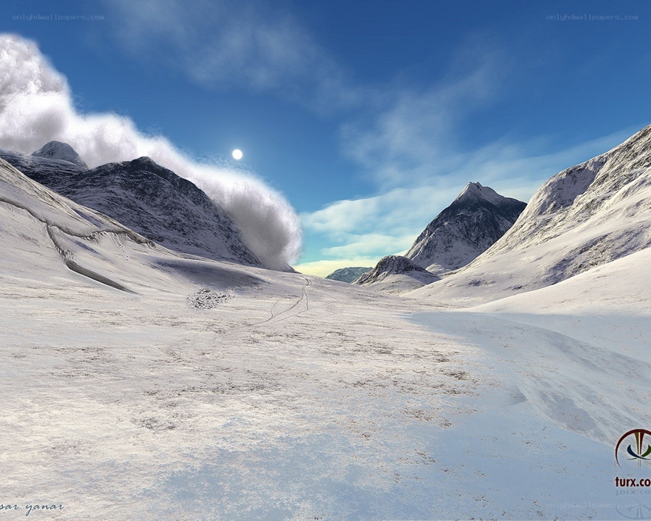 Snowy mountain valley landscape