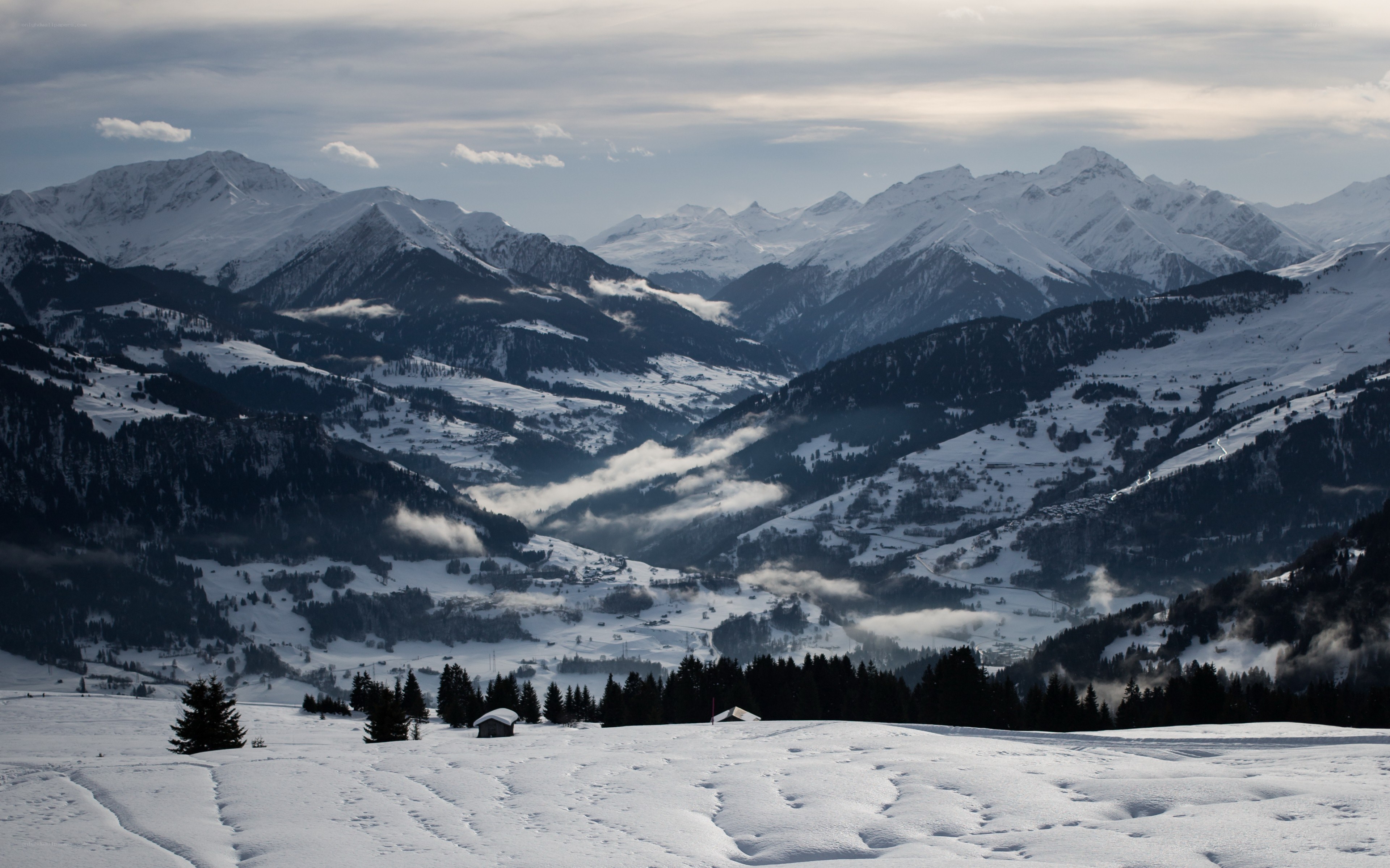 snowy mountain valley landscape