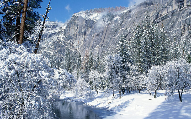 Snowy mountain valley landscape