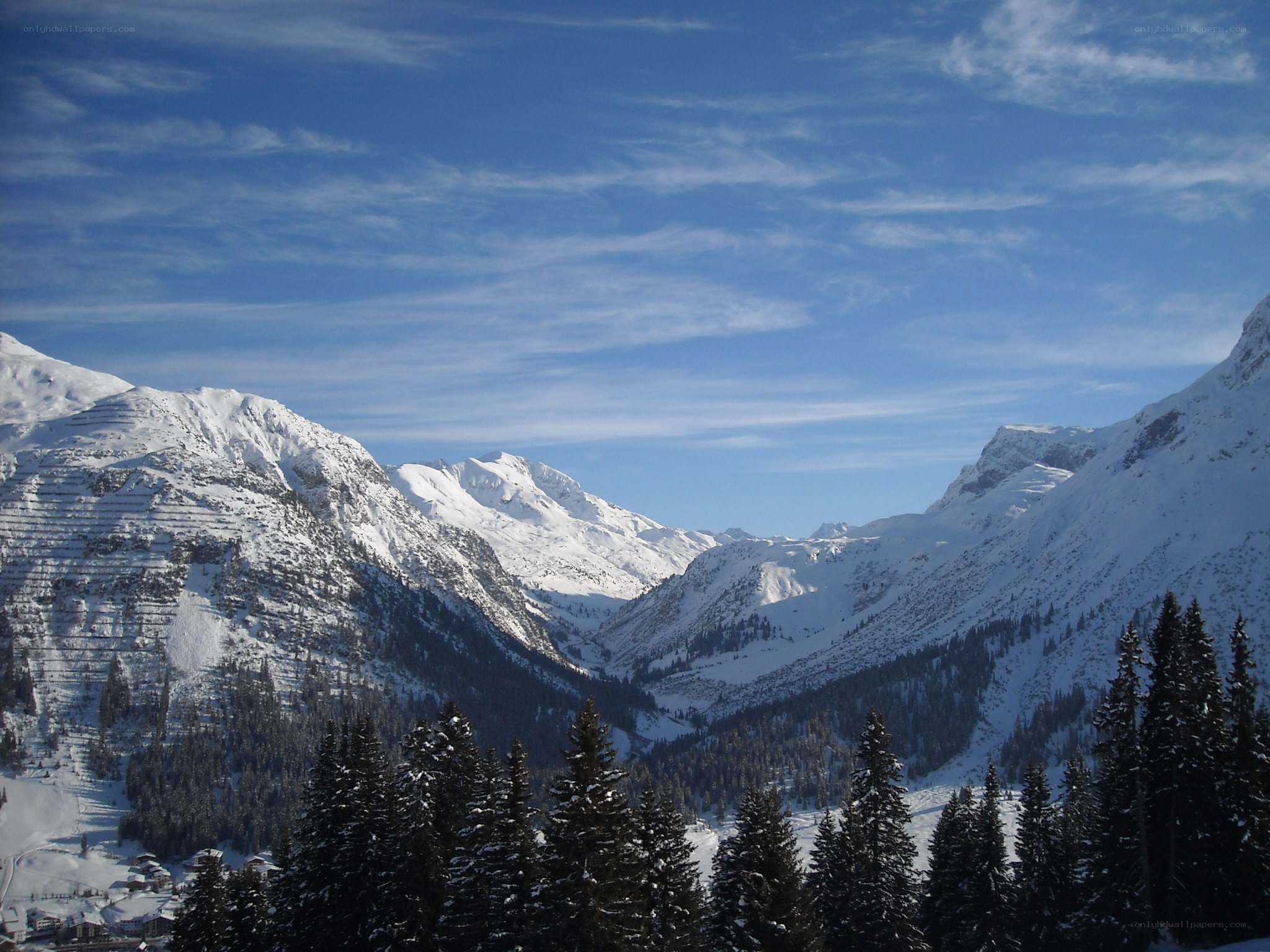 snowy mountain valley landscape