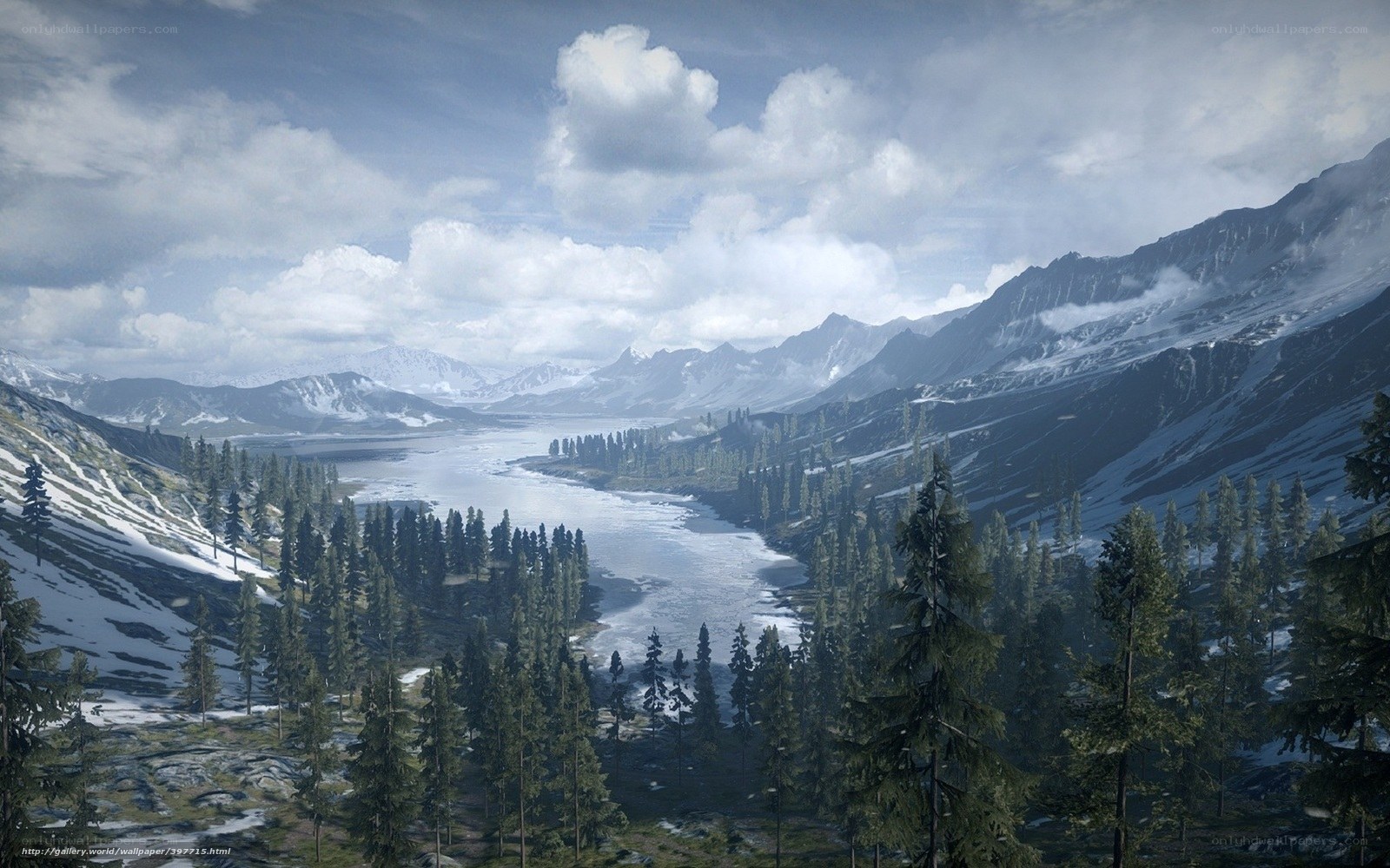 Snowy mountain valley landscape