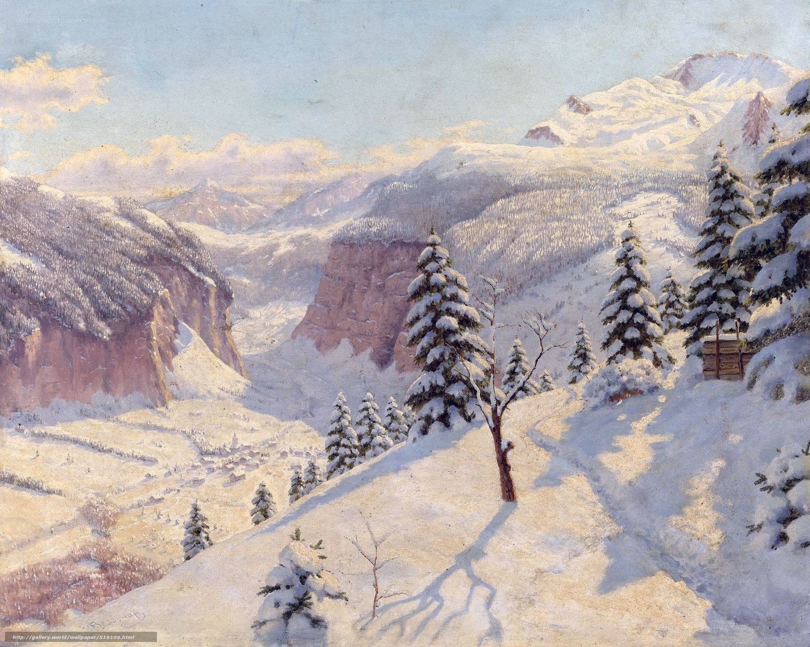 Snowy mountain valley landscape