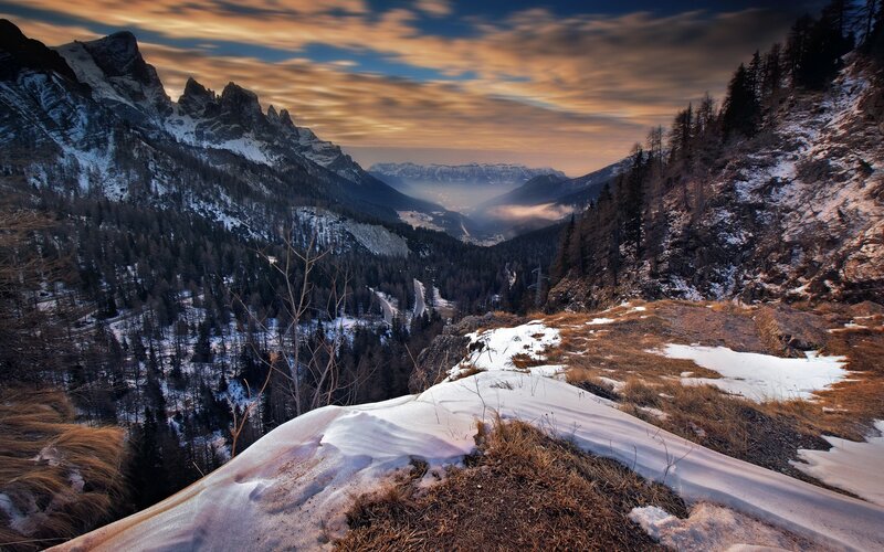 Snowy Mountain Valley — Orange, Dramatic