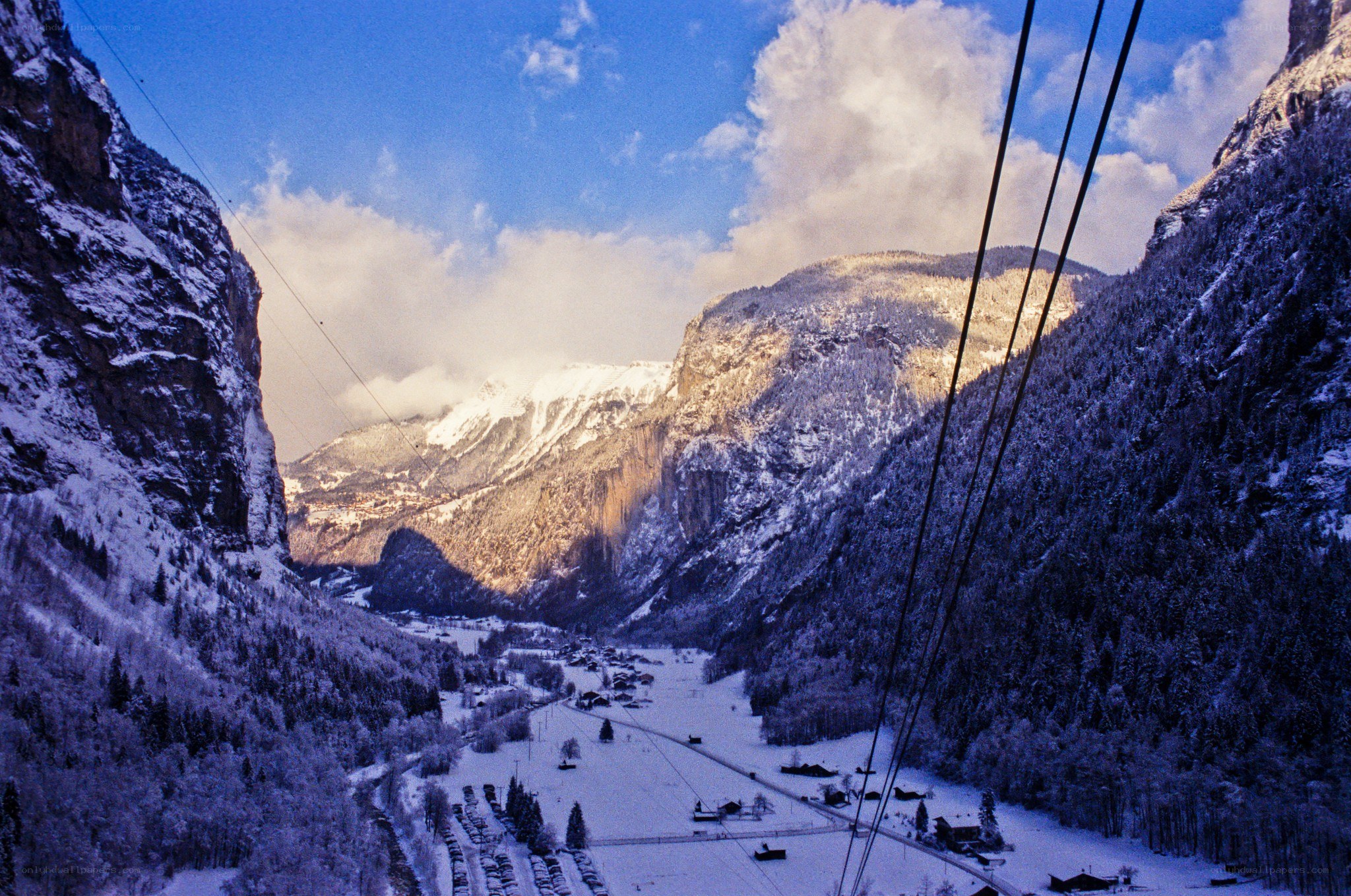 Snowy mountain valley view