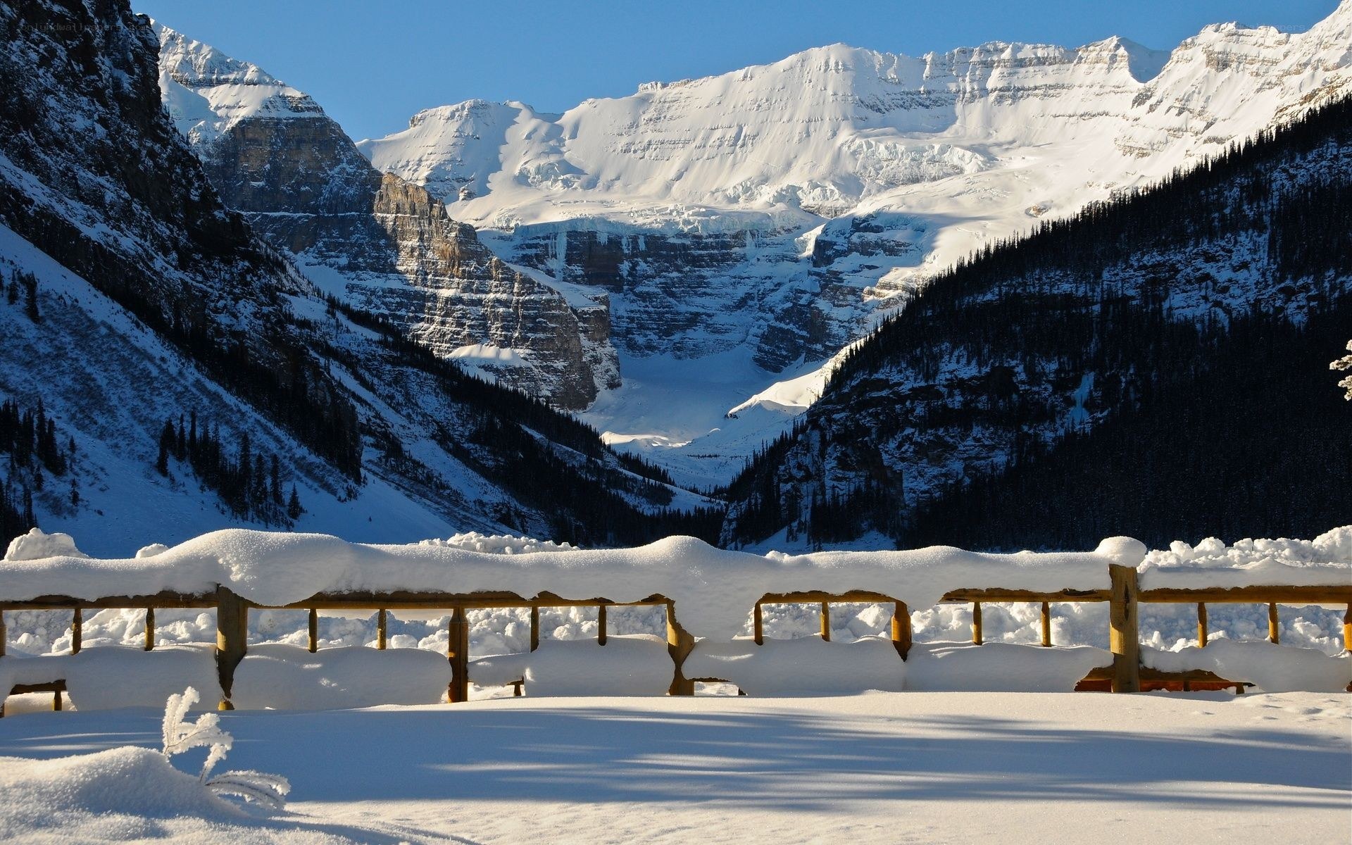 Snowy mountain valley view