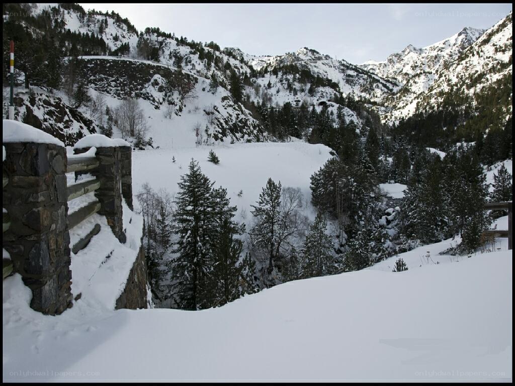 Snowy mountain valley view