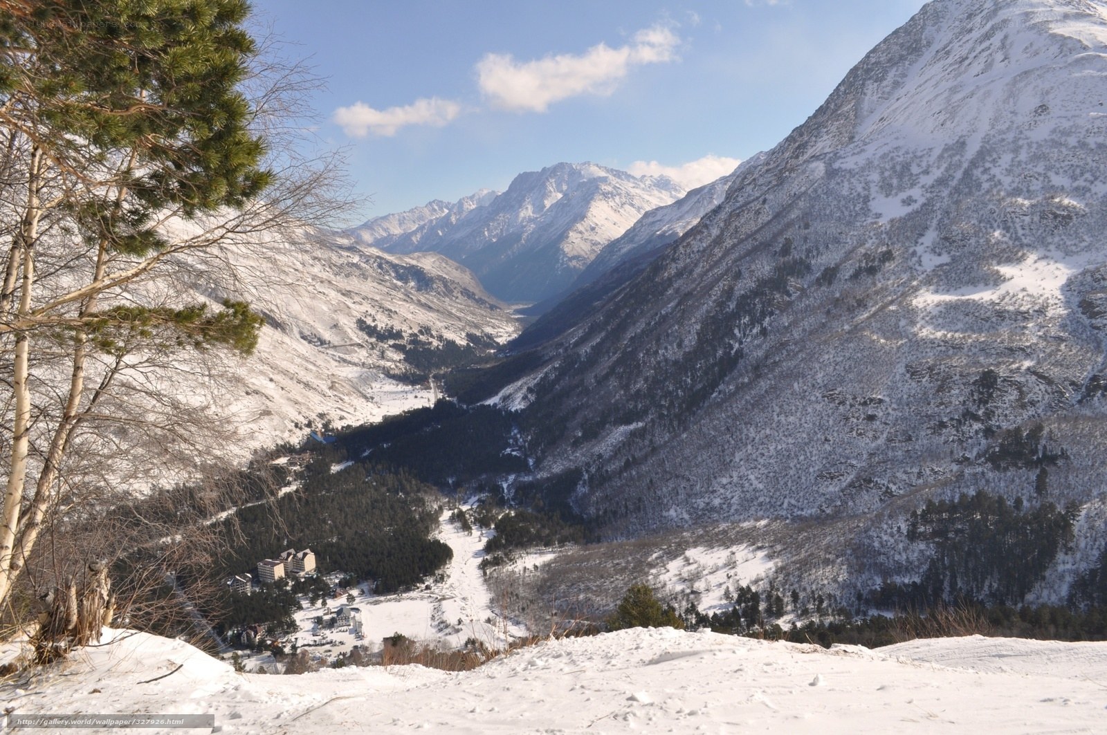 snowy mountain valley view