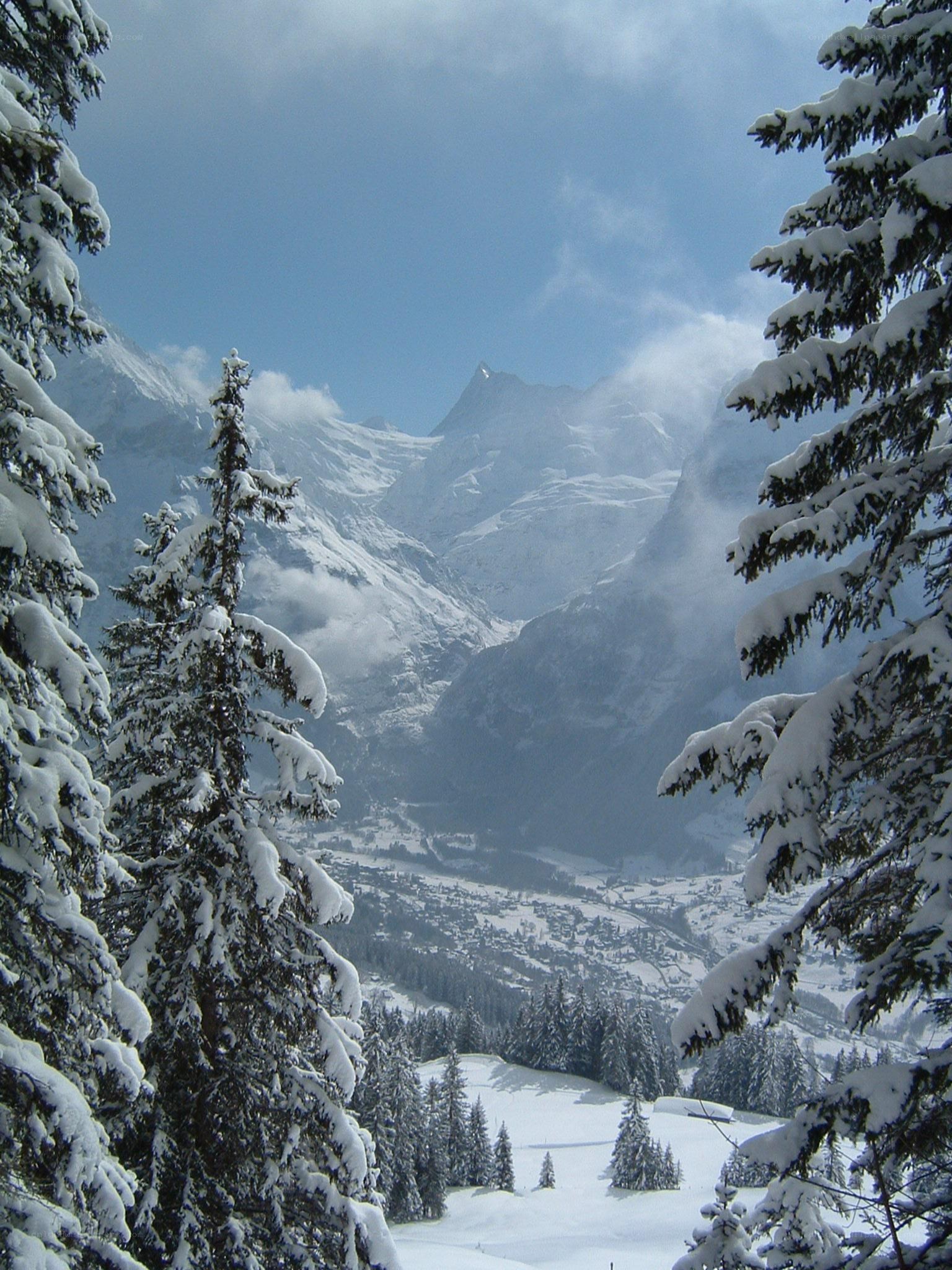 Snowy mountain valley view