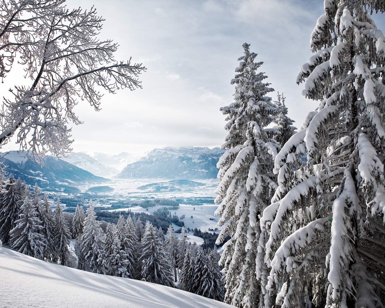 Snowy mountain valley view
