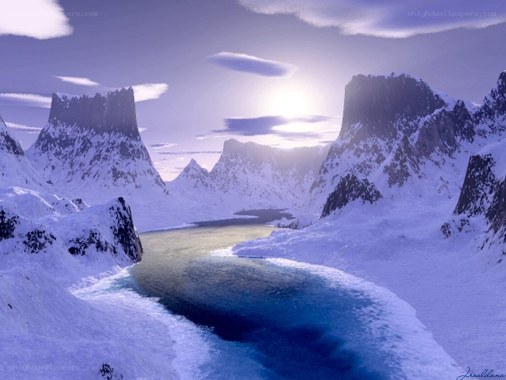 Snowy mountain valley with river