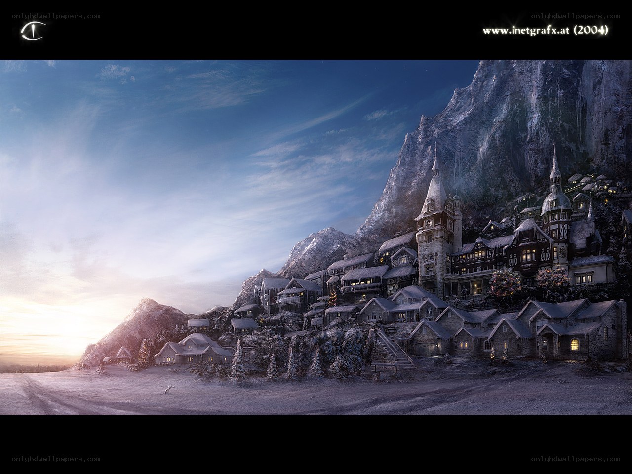 Snowy mountain village at dawn