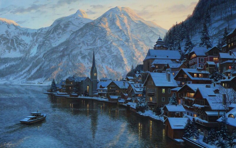 Snowy mountain village at dusk