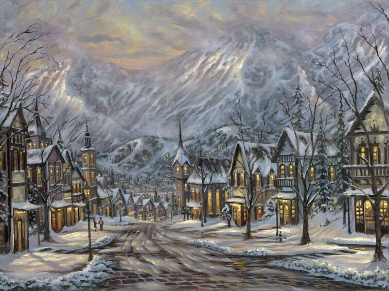 Snowy mountain village at dusk