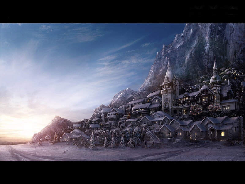Snowy mountain village at dusk
