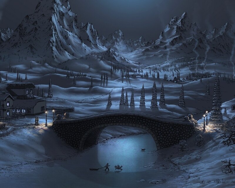 Snowy mountain village at night