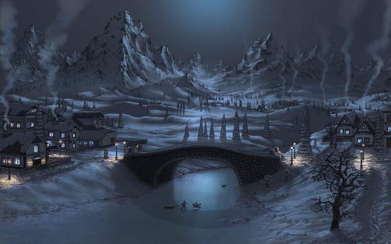 Snowy mountain village at night