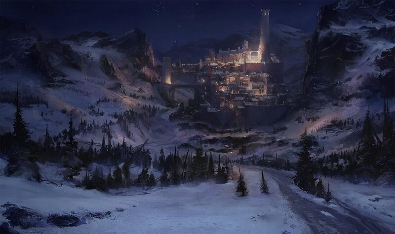 Snowy mountain village at night