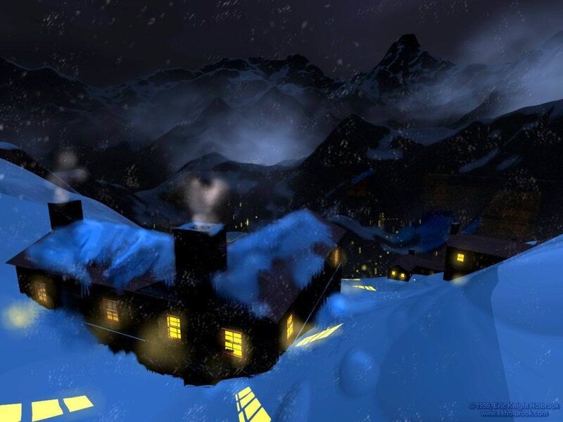 Snowy mountain village at night