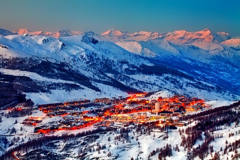 Snowy Mountain Village — Blue, Dramatic, Sunset