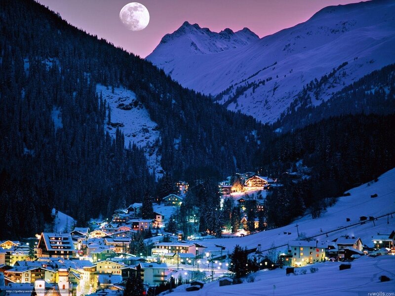 Snowy Mountain Village — Blue, Serene, Night, Photograph, Moon