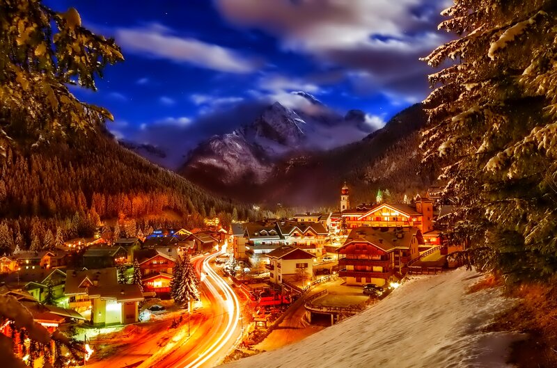 Snowy Mountain Village — Blue, Serene, Night, Photograph, Mountains