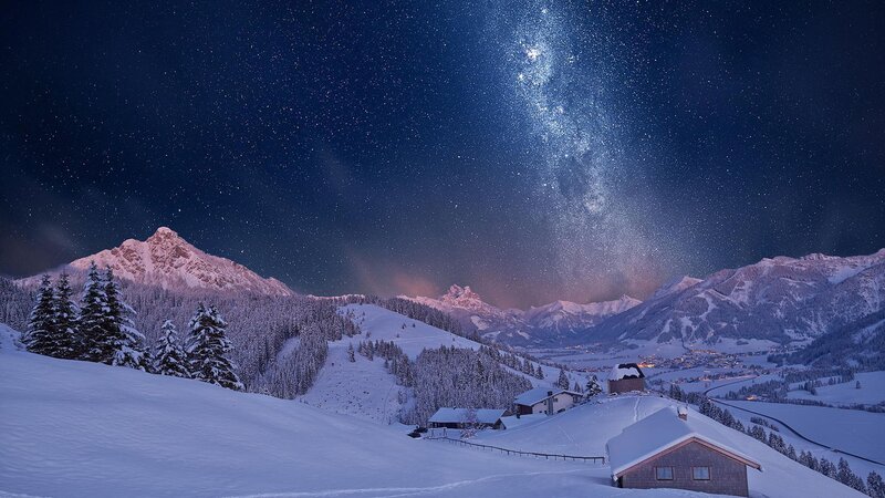 Snowy Mountain Village — Blue, Serene, Night, Photograph, Mountains, Trees, Sky