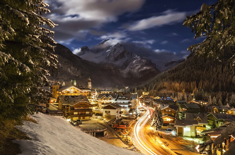 Snowy Mountain Village — Blue, Serene, Night, Photograph, Mountains, Trees