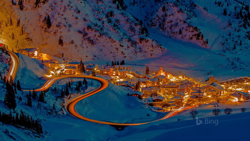 Snowy Mountain Village — Blue, Serene, Night, Photograph, Road