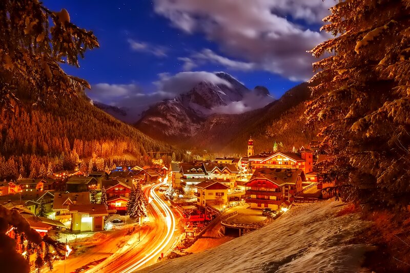 Snowy Mountain Village — Blue, Serene, Night, Photograph