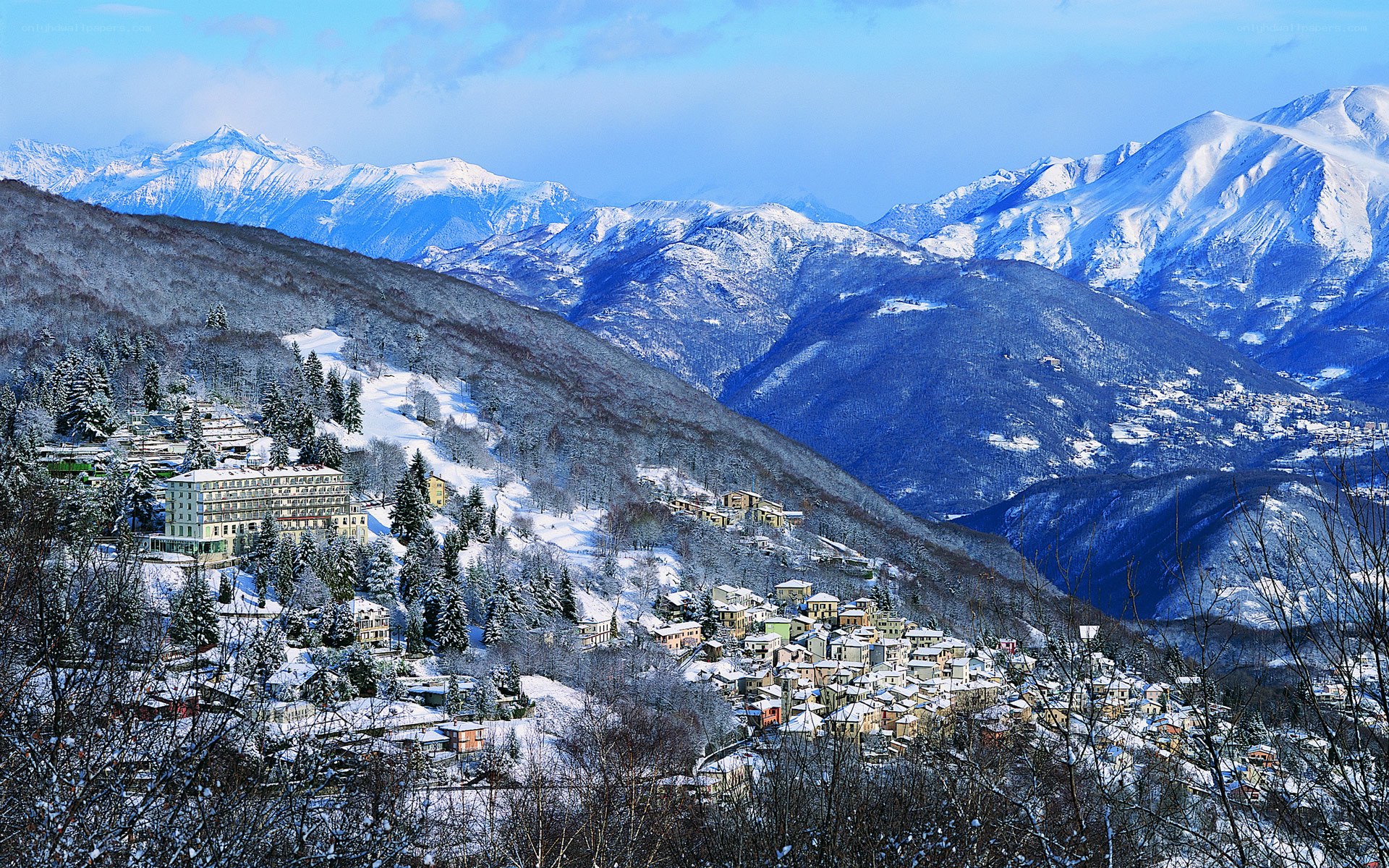Snowy mountain village in winter