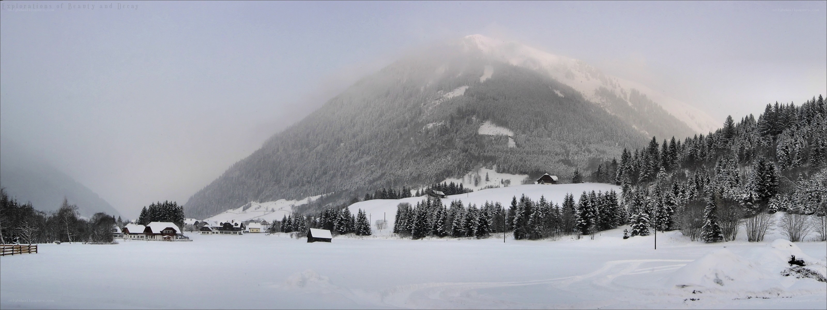 Snowy mountain village landscape