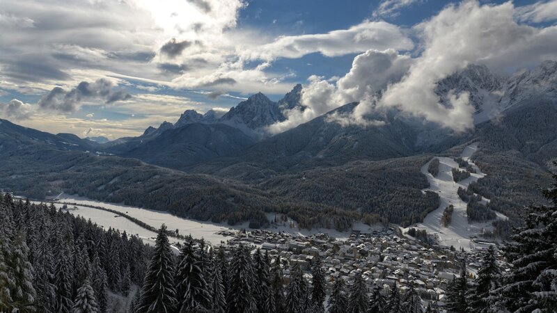 Snowy mountain village landscape