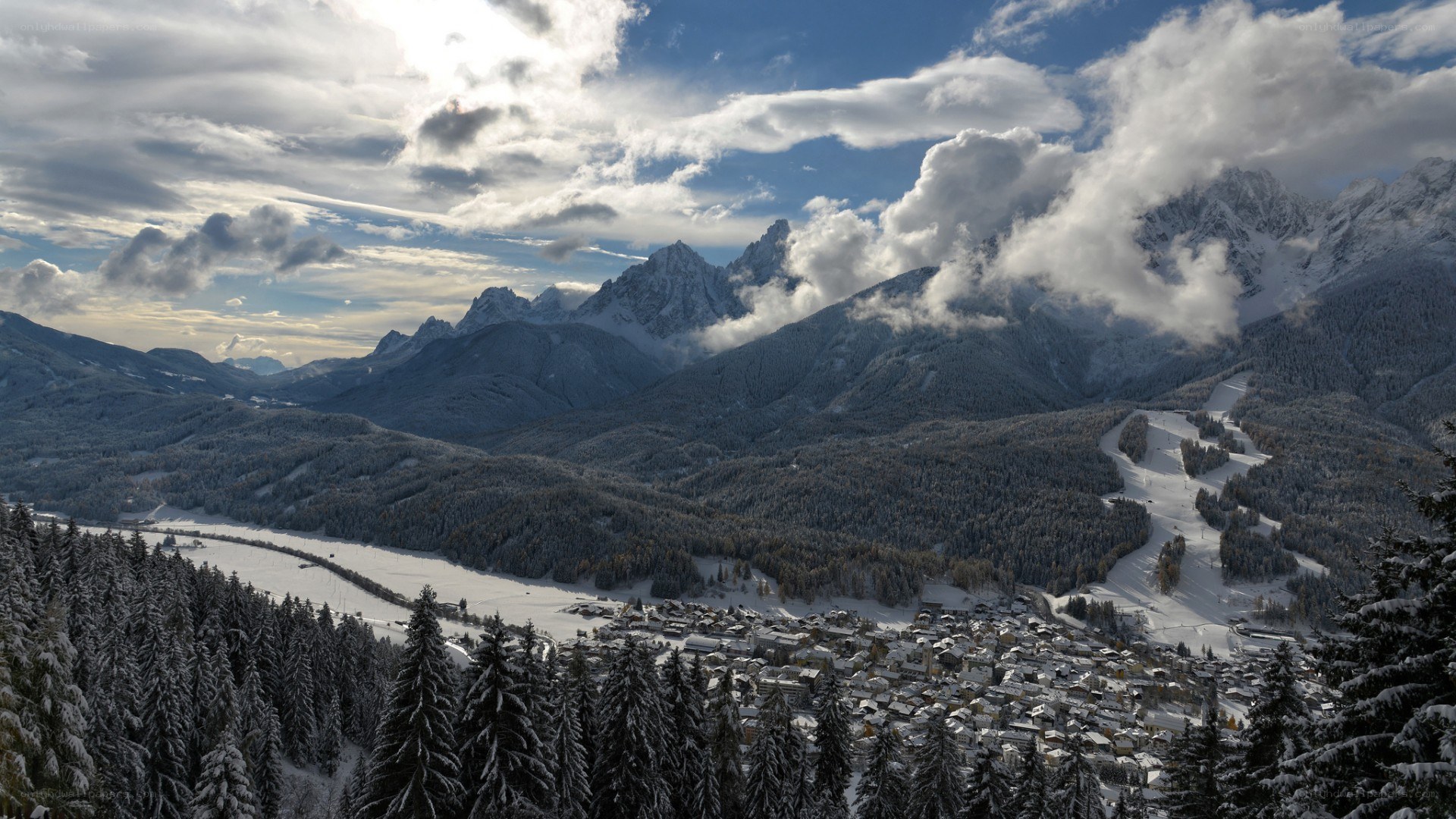 Snowy mountain village landscape