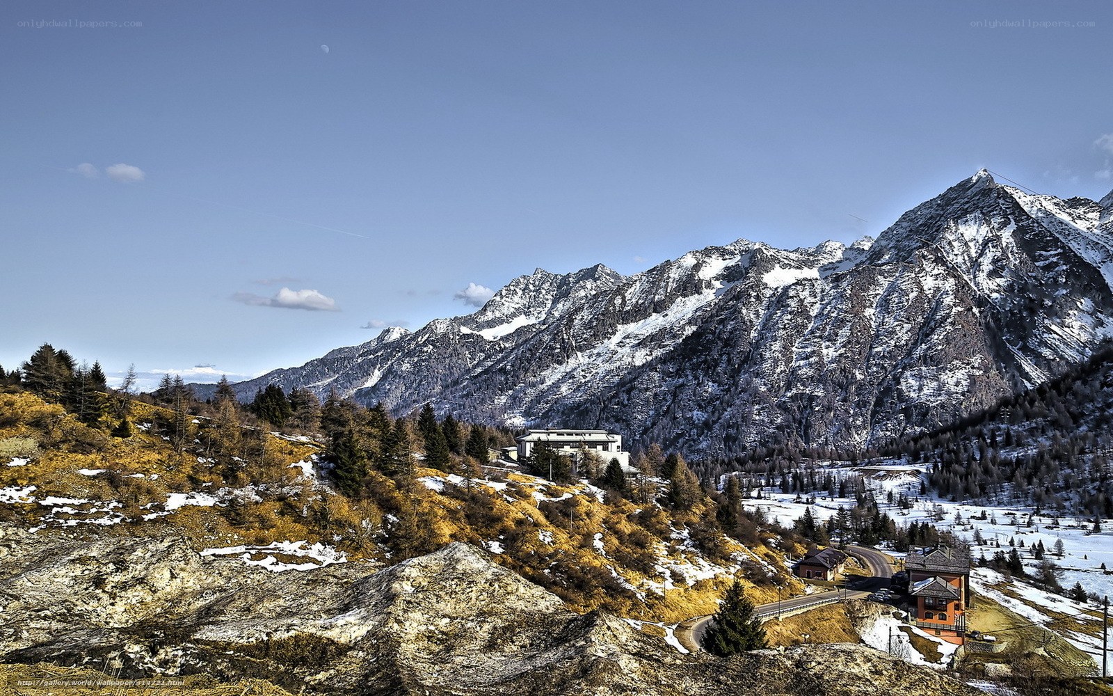 Snowy mountain village landscape