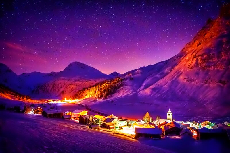 Snowy Mountain Village — Purple, Serene, Night