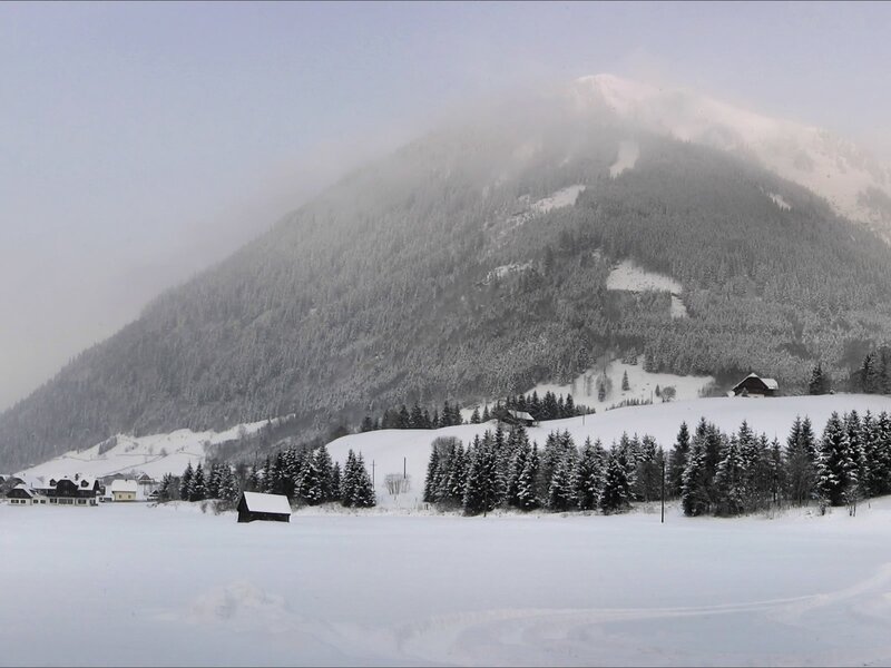 Snowy mountain village scene