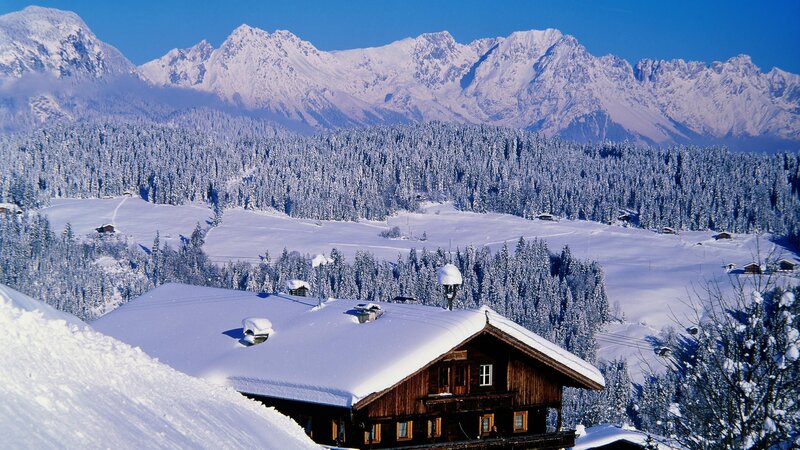 Snowy mountain village scene