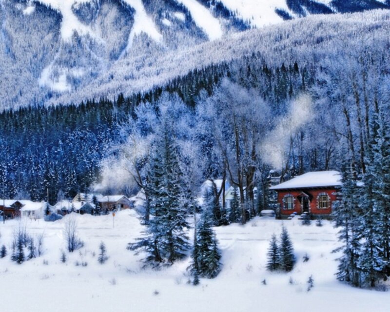 Snowy mountain village scene