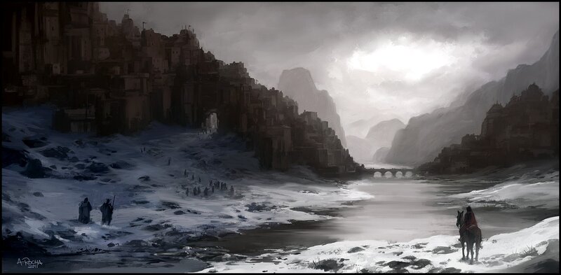 Snowy mountain village scene