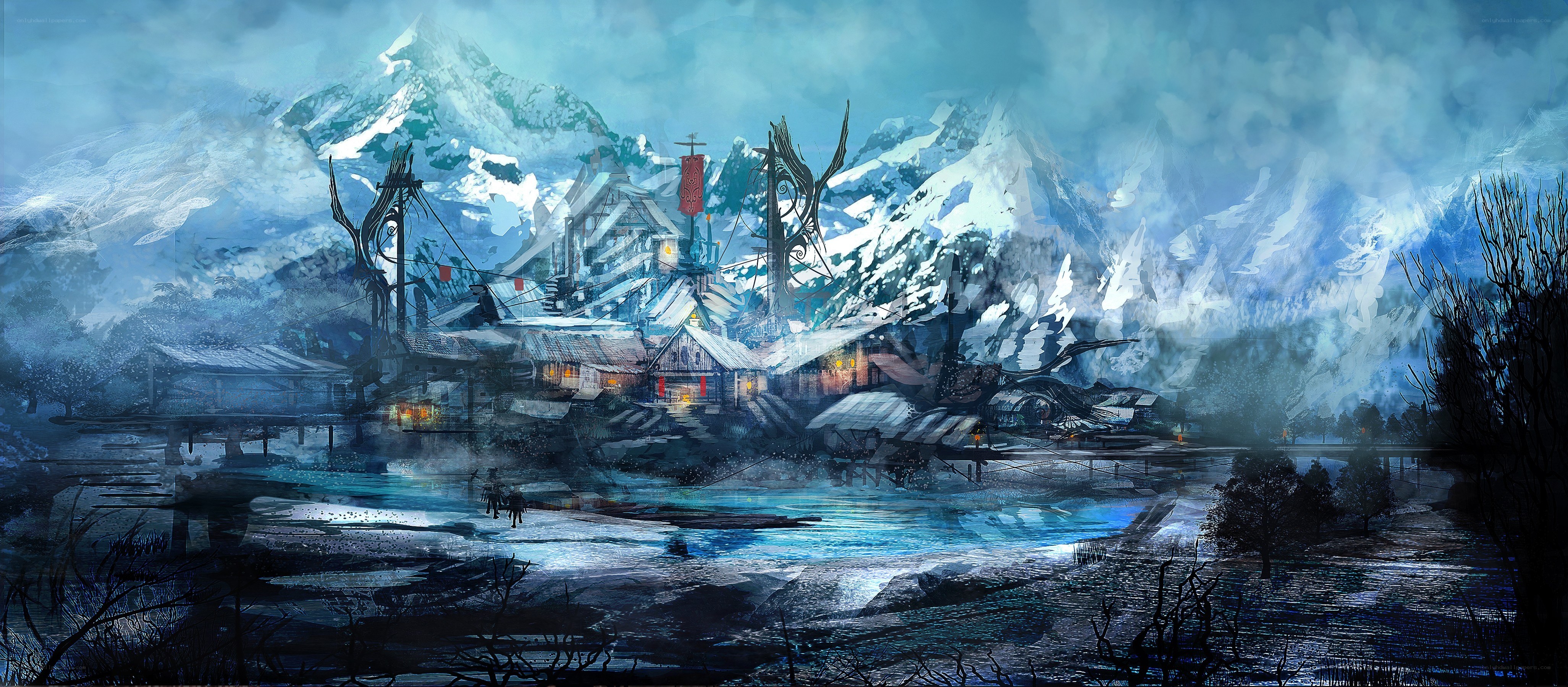Snowy mountain village scene