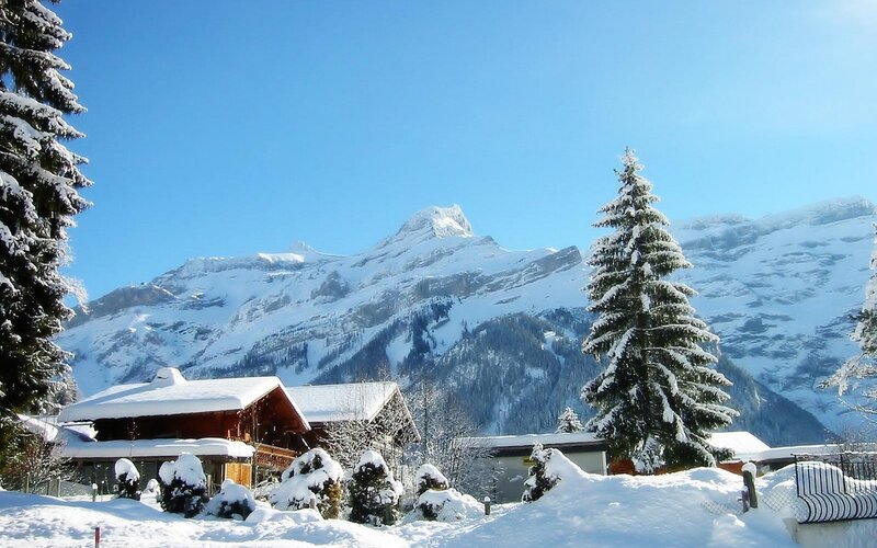 Snowy mountain village scene