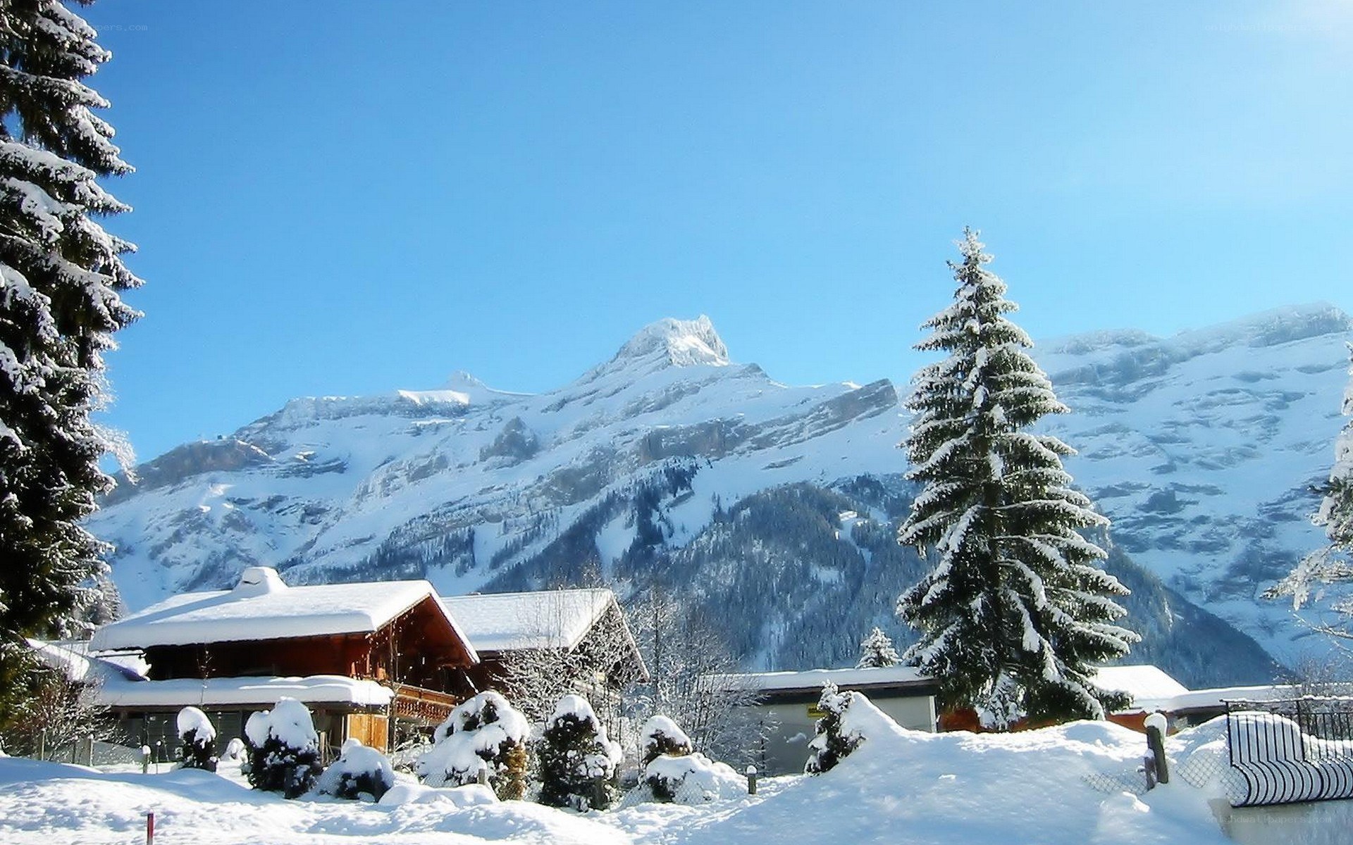 Snowy mountain village scene