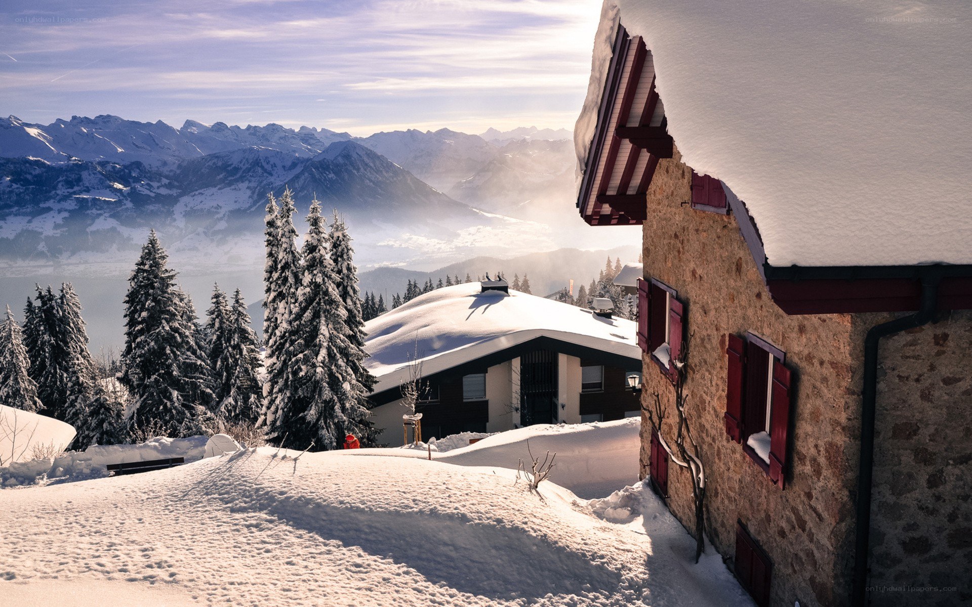 Snowy mountain village scene