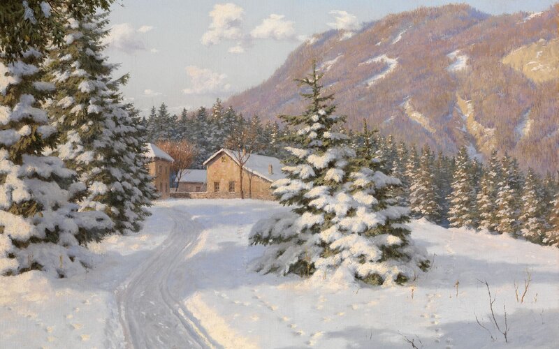 Snowy mountain village scene