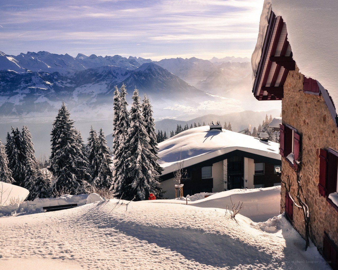 Snowy mountain village scene