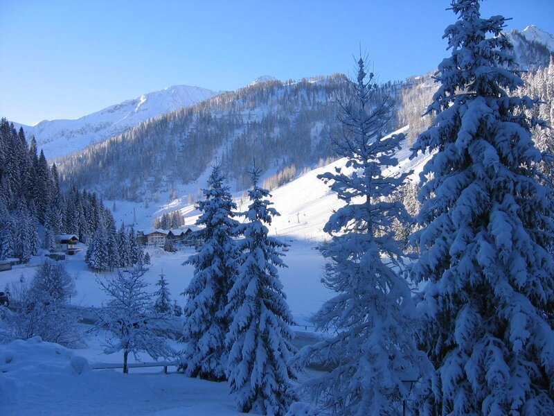 Snowy mountain village scene