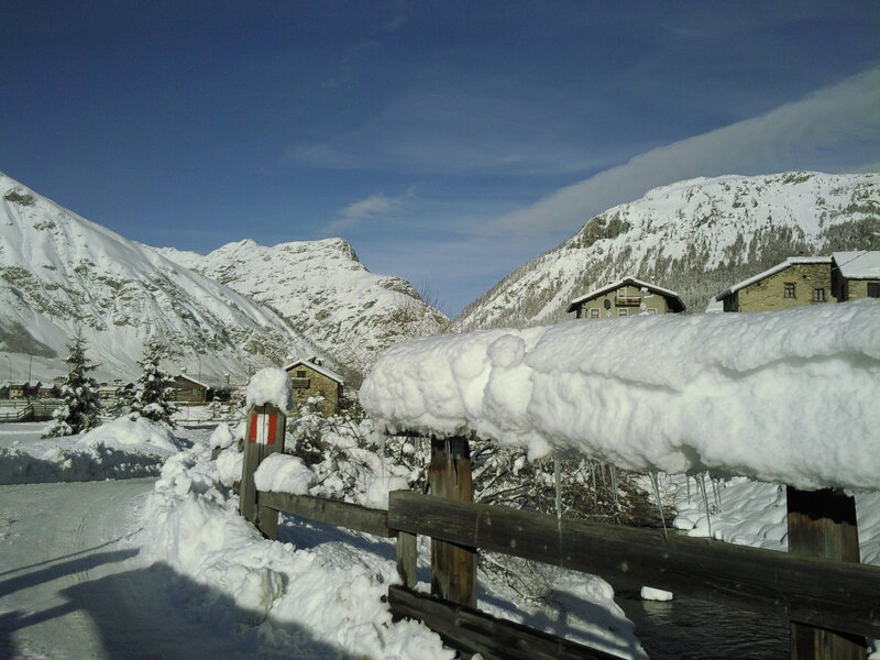 Snowy mountain village scene