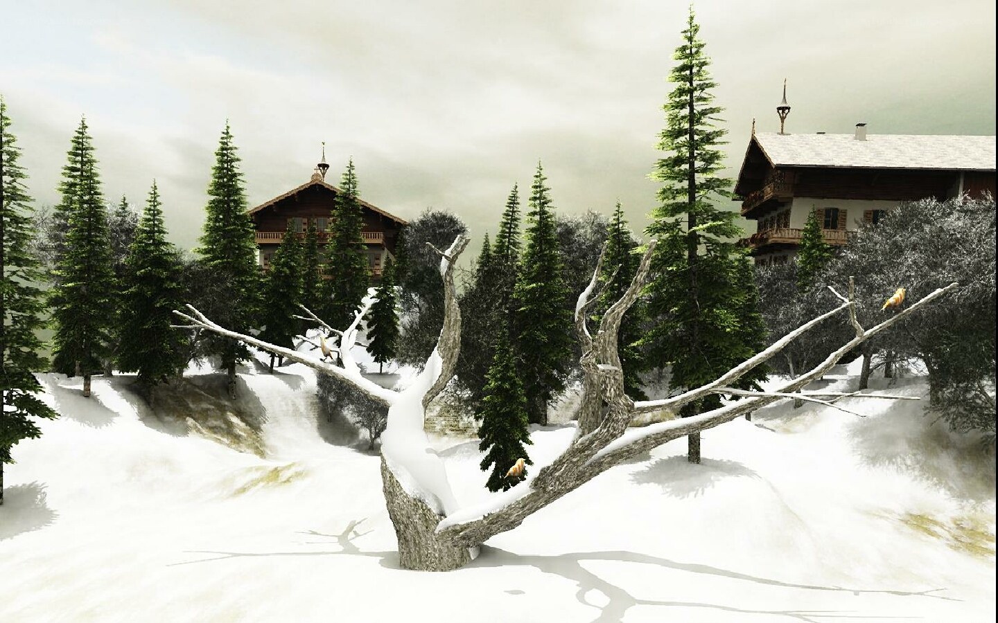 Snowy mountain village scene