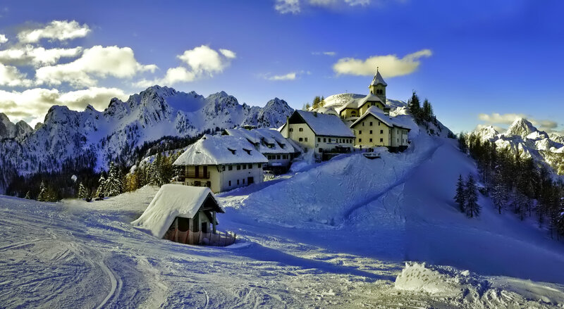 Snowy mountain village scene